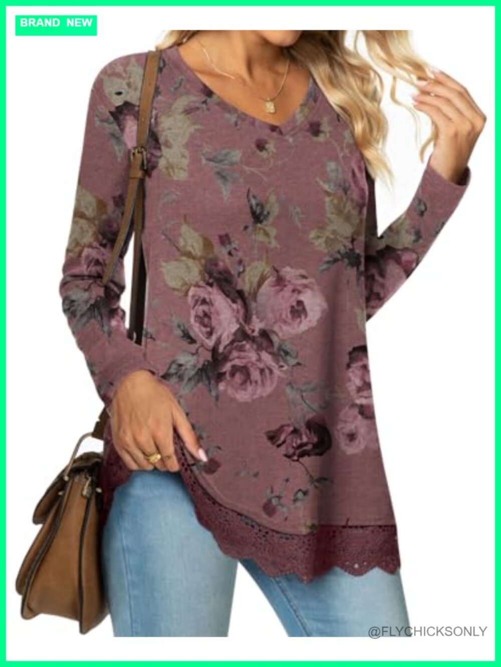 Womens Loose Fit Tunic Top Long Sleeve V-Neck Lace Hem Dressy Casual